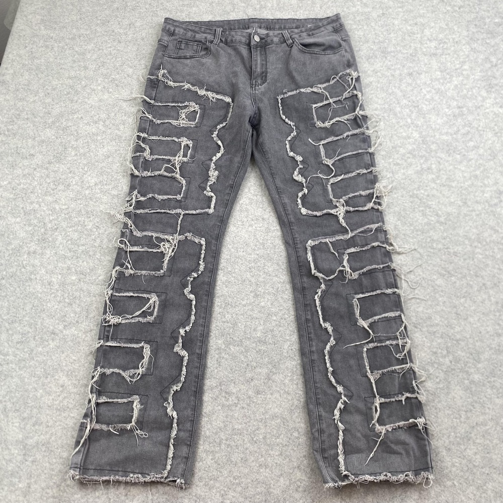 Romwe Jeans Mens 40 (34x29) Gray Distressed Fringe Straight Leg Denim Pants